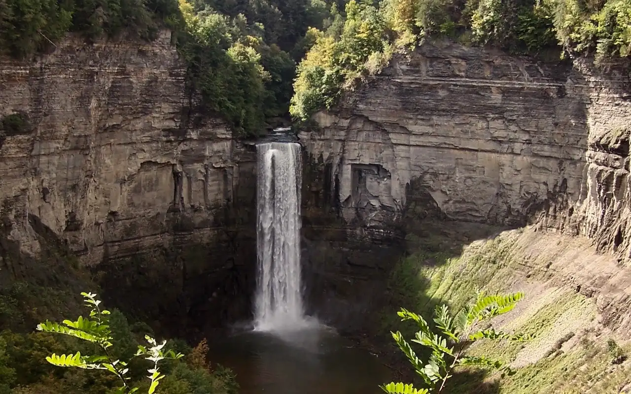 Taughannock Falls in a wooded gorge near Ithaca, New York.